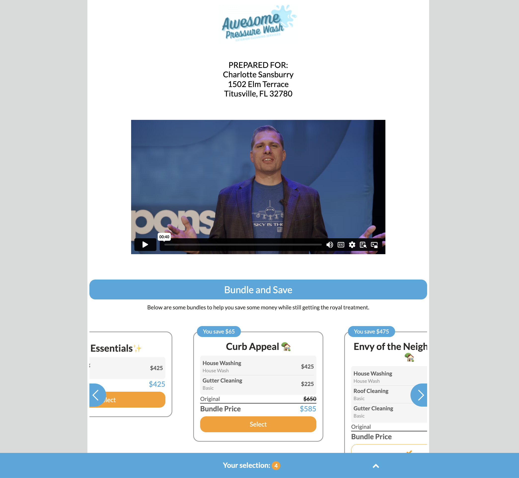 Customer quote page with video walkthrough